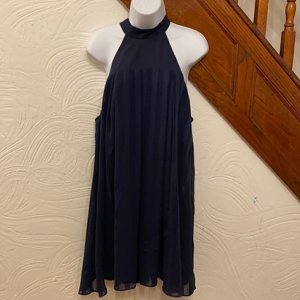 BCBGeneration Halter Dress Womens Navy Blue Pleated Striped Chiffon M
